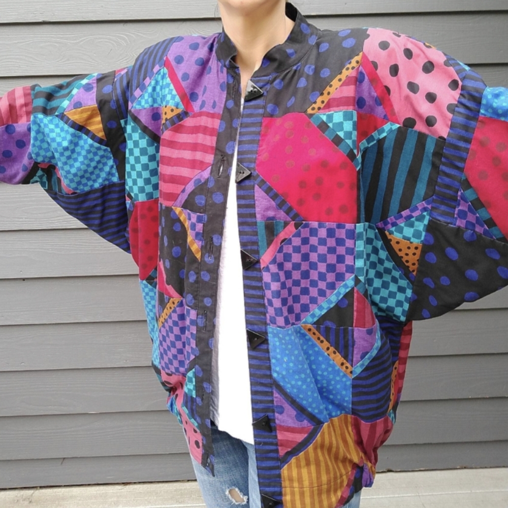 1980's 80's Rainbow Patchwork Jacket Jeweltone - image 2